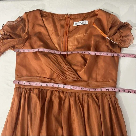 NWT Mac Duggal [ 12 ] Sheer Flutter Sleeve Tea Length Ruffle Dress‎ Rust Orange - Picture 14 of 15